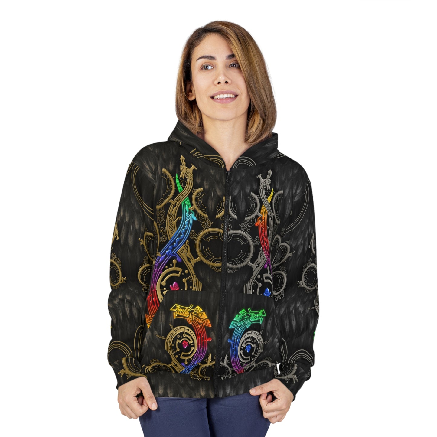 Rainbow Dragon WILDS Zip Hoodie Sweater, Left side Silver, Right side Brass