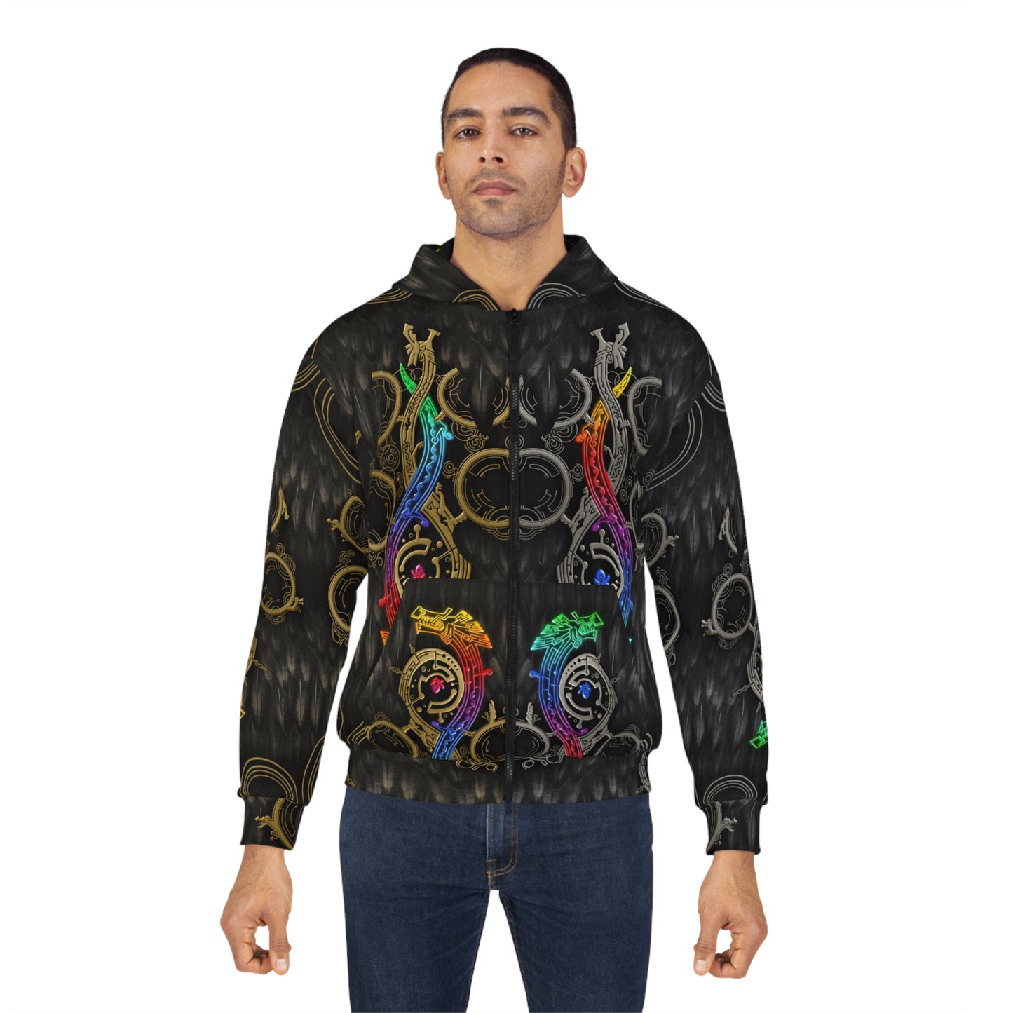 Rainbow Dragon WILDS Zip Hoodie Sweater, Left side Silver, Right side Brass