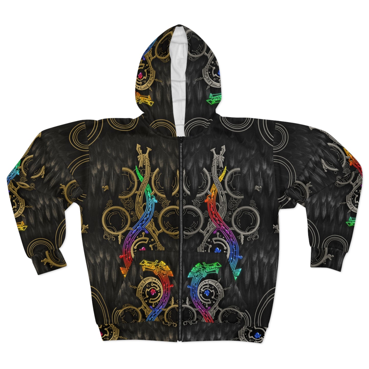 Rainbow Dragon WILDS Zip Hoodie Sweater, Left side Silver, Right side Brass