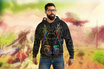 Rainbow Dragon WILDS Zip Hoodie Sweater, Left side Silver, Right side Brass